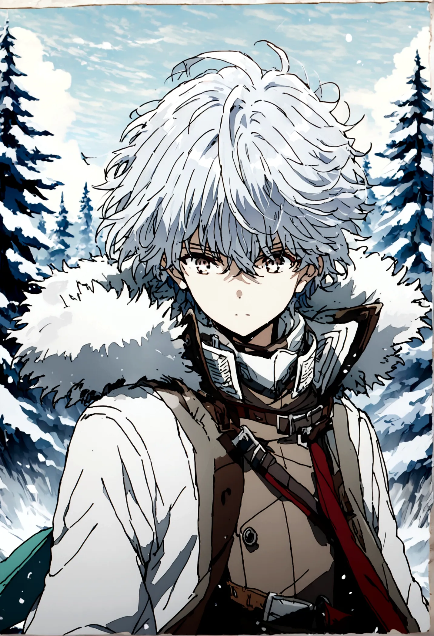 Anime male wearing white thick clothing, white messy hair, white clothing, face is hidden, long white scarf, scarf getting blown...