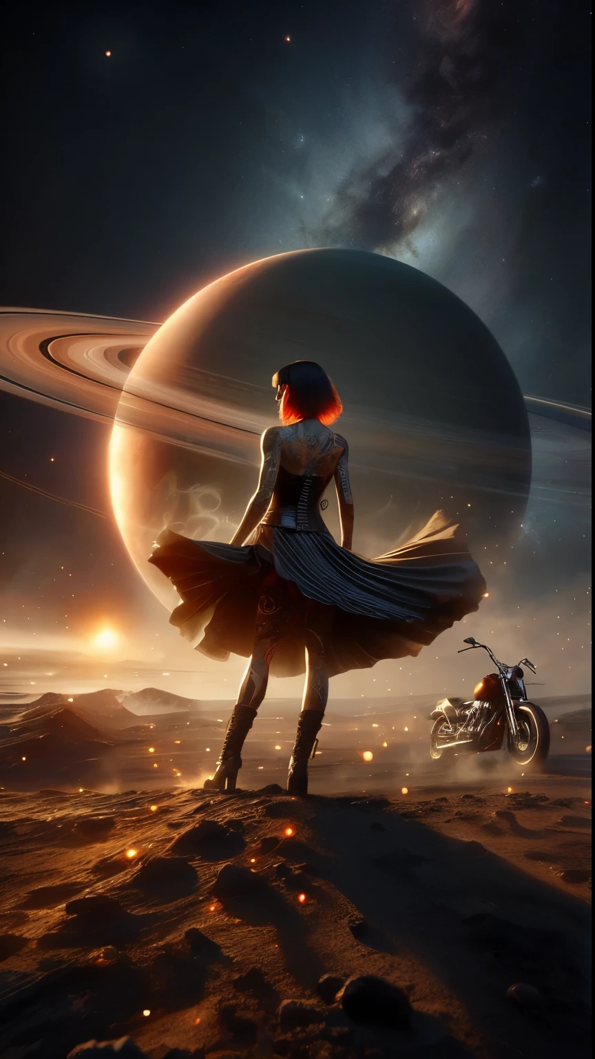 Tall Tough tattooed biker chick with two strong legs dancing on Saturn's moon Calisto, looking like a creation that could actually survive there, skirt dress touches ground, magic, art, wind, wind blown, spark, lightshow, fireflies, dust at her feet, extr