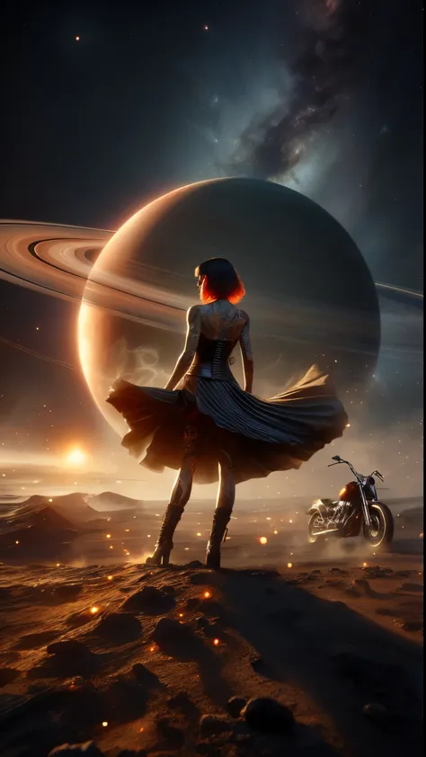 Tall Tough tattooed biker chick with two strong legs dancing on Saturn's moon Calisto, looking like a creation that could actual...