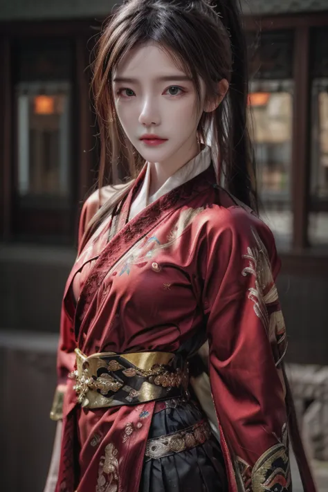 Fei Yu_robes， red cloth， Gold Embroidery， black embroidered gold， high ponytail， depth of field， night scenery， 1 girl， ulzzang-...