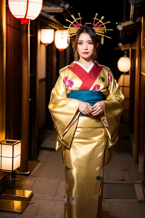 Oiran、 gorgeous、 Kyoto、 (Flashy gold and red:1.5), kimono、 Collapsed、 Fancy hair accessories、 geisha、 Maiko、 A stunning Oiran (t...