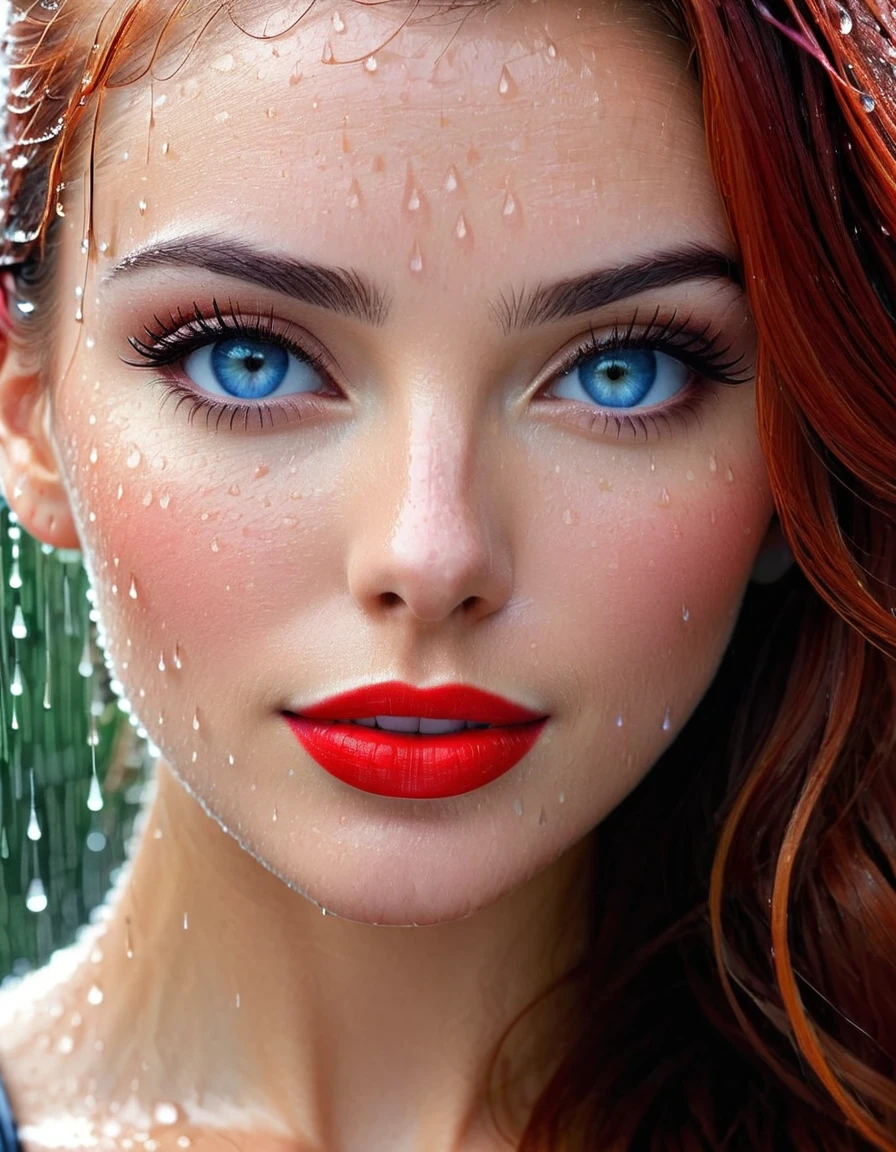 Subject/Theme: Extreme closeup shot of a beautiful woman's face.

Style: Extreme Closeup Shot

Scene Description:

Ambiance: Mid-day with rain falling
Weather Condition: Rainy
Camera Shot Type: Extreme Closeup
Camera Lens: EE 85mm for detailed facial features
Additional Details:

Model's Features: Red hair, blue eyes, red lipstick
Facing: Directly towards the camera
Lighting: Natural mid-day light, enhanced by the raindrops
Rain Detail: Visible raindrops on the woman's face, capturing the essence of the rainstorm
Expression: Captivating and perhaps reflective of the rain's mood
Keywords for Detail and Resolution:

Extreme Closeup, High Detail, Sharp Image, Rainy, Mid-day, EE 85mm, Blue Eyes, Red Lipstick, Natural Lighting