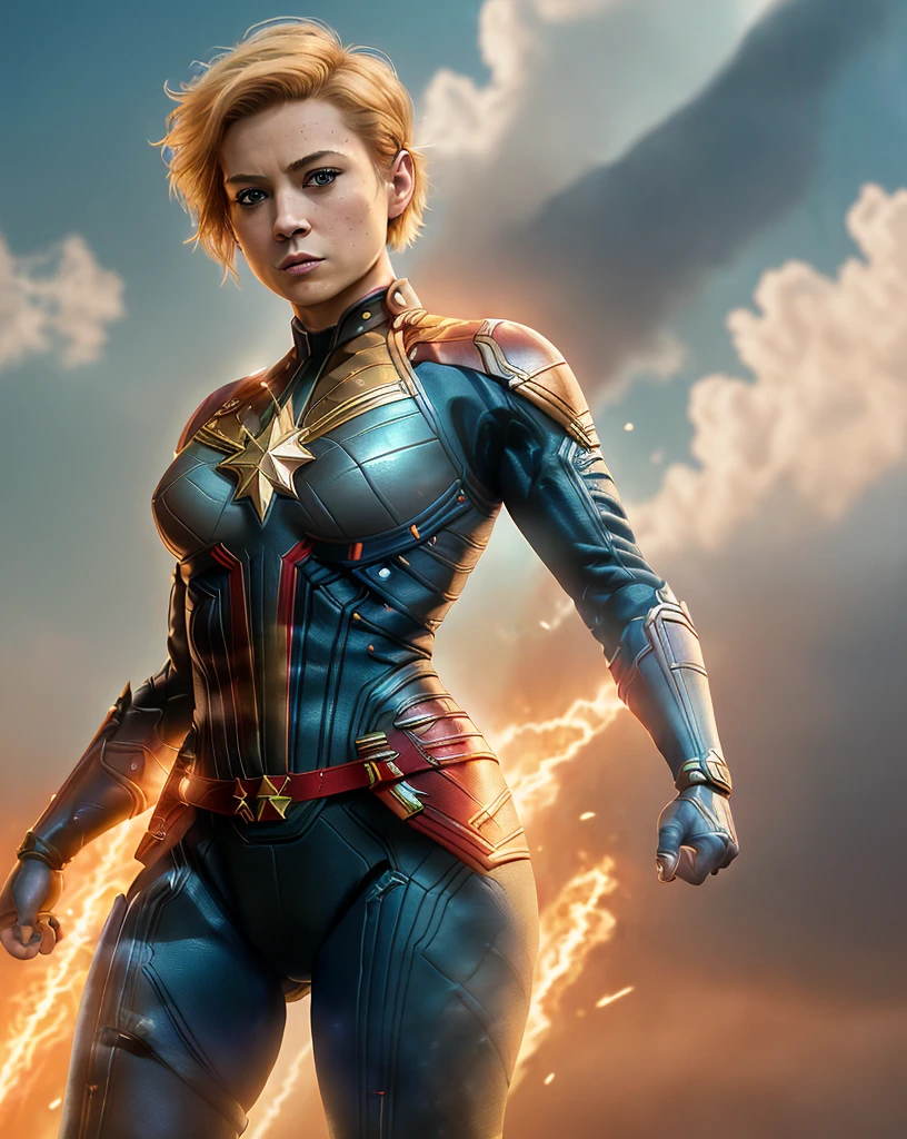 full body shot of kathwin:1,side lighting,(short pixie hair:1.3),rim lighting on hair, shallow sharp depth of field, feminine heroic,(curvy:1.4), (highly detailed), (Award winning), (Masterpiece), movie still, (HDR), (8k wallpaper),captain marvel suit,flying,sky background,female focus 