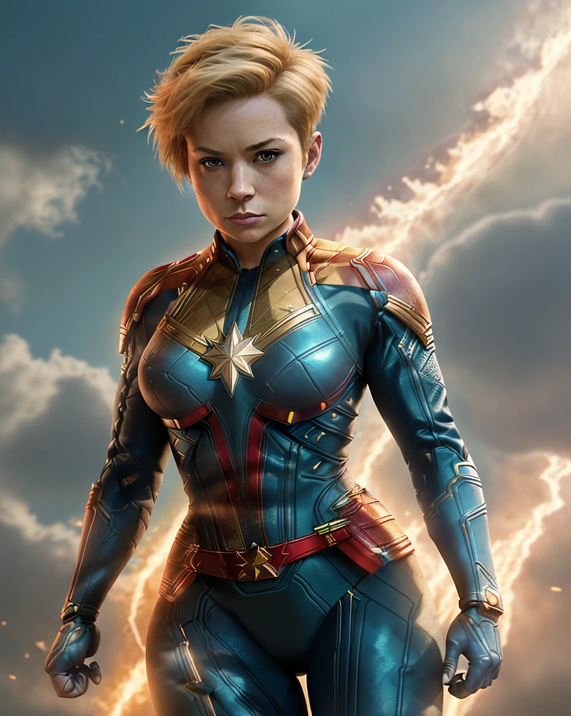 full body shot of kathwin:1,side lighting,(short pixie hair:1.3),rim lighting on hair, shallow sharp depth of field, feminine heroic,(curvy:1.4), (highly detailed), (Award winning), (Masterpiece), movie still, (HDR), (8k wallpaper),captain marvel suit,flying,sky background,female focus 