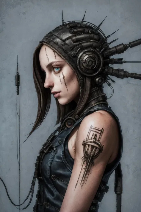 (Intricate details:1.3), profile (bald:1.3) A female cyborg with many mechanical parts attached to her body and head, Please ope...