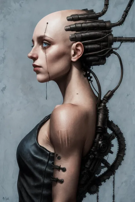 (Intricate details:1.3), profile (bald:1.3) A female cyborg with many mechanical parts attached to her body and head, Please ope...