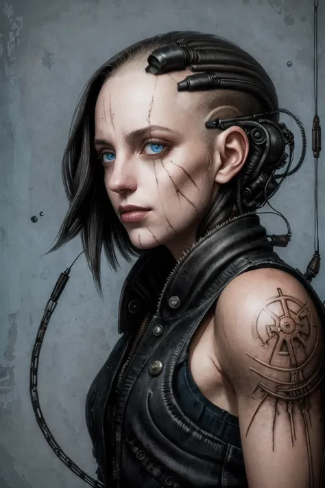 (Intricate details:1.3), profile (bald:1.3) A female cyborg with many mechanical parts attached to her body and head, Please ope...
