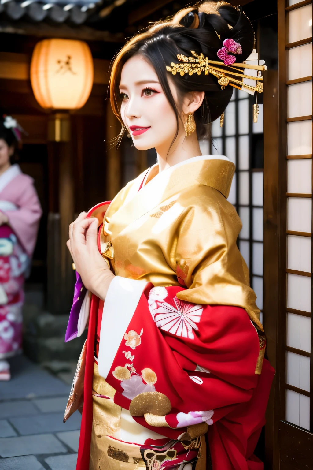 Oiran、 gorgeous、 Kyoto、 (Flashy gold and red:1.5), kimono、 Collapsed、 Fancy hair accessories、 geisha、 Maiko、 A stunning Oiran (traditional high-ranking courtesan) standing gracefully in the streets of old Kyoto, Japan. She is adorned in an exquisite, vibrant kimono with intricate patterns, and her hair is styled elaborately with ornate hairpins and accessories. The backdrop features traditional wooden machiya houses, paper lanterns, and cobblestone streets. The scene is set during twilight, with soft, warm lighting illuminating the surroundings. There is a sense of elegance and historical charm in the air, capturing the essence of ancient Kyoto.