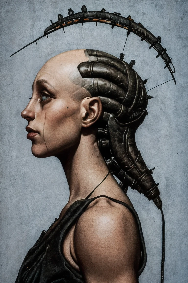 (détails complexes:1.3), profil (chauve:1.3) Une cyborg femelle avec de nombreuses pièces mécaniques attachées à son corps et à sa tête, s&#39;il te plaît, ouvre les yeux, Vide, yeux bleus ronds, Peau couverte de cicatrices ou de tatouages, Peau avec des cicatrices ou des tatouages, (Un corps semblable à celui de Frankenstein, assemblé à partir de morceaux:1.3), Costume en cuir BDSM, Sa tête se transforme en moteur avec des tubes et des engrenages, Portrait en gros plan d&#39;une femme malheureuse avec de nombreux fils et tubes sortant de sa tête, (fond grunge:1.3), (Fond bleu sale:1.3), Implants constitués de fils et d&#39;engrenages, Une énorme structure de fils et de tubes enchevêtrés, Portrait en gros plan de style AIDA_Korgul Biomec, (oeuvre de AIDA_Korgul Biomec:1.3) (Impressionnisme:1.3), (Huile:1.3), (キャンバスにHuile)