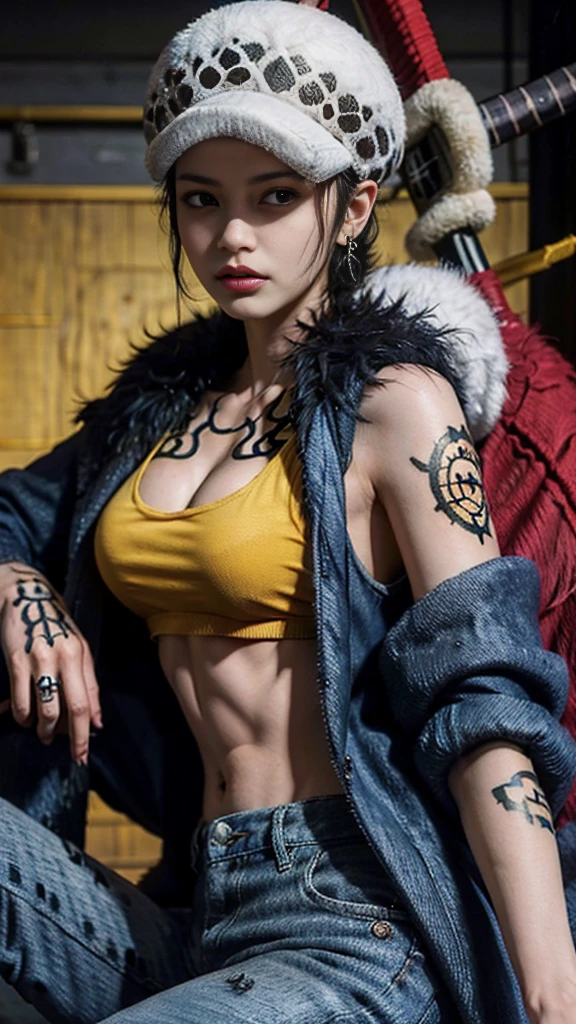 masterpiece, Highest quality, 8K,Highest Resolution, Absurd, Very detailed, Female Trafalgar Law, One girl, 1 Sword, alone, View your viewers, short hair, Medium chest, Have, belly button, Cleavage, clavicle, Earrings, abdomen, pants, coat, Fur trim, denim, jeans, Shoulder Tattoo, Hand tattoos, Finger Tattoos, black fur-trimmed coat, coat on shoulders, Yellow Tank Top,///,Random Face,