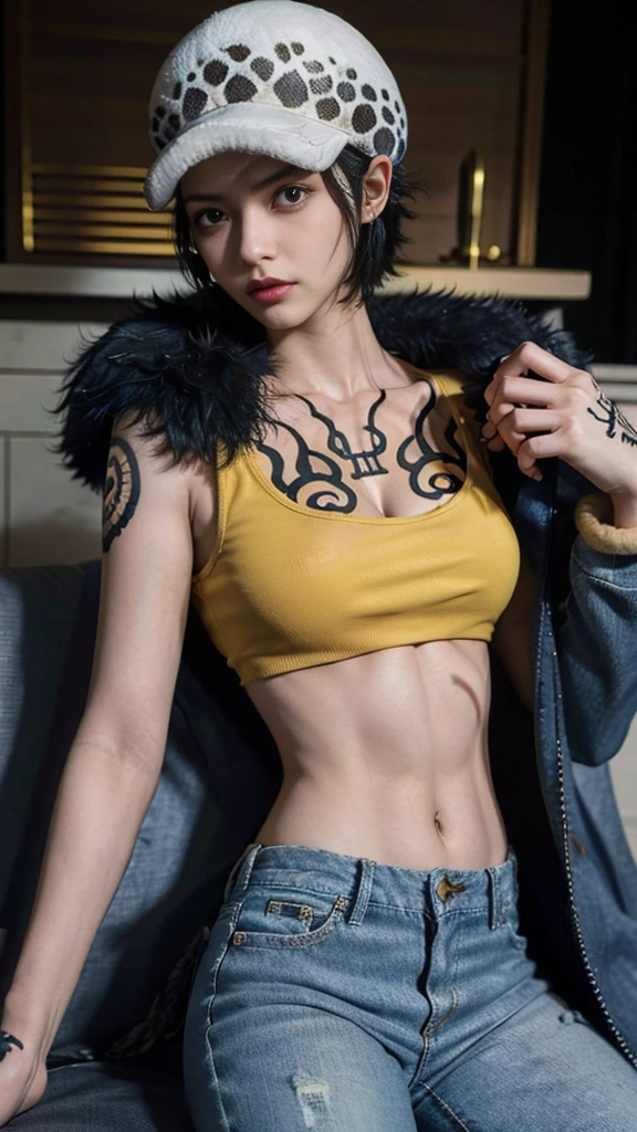 masterpiece, Highest quality, 8K,Highest Resolution, Absurd, Very detailed, Female Trafalgar Law, One girl, 1 Sword, alone, View your viewers, short hair, Medium chest, Have, belly button, Cleavage, clavicle, Earrings, abdomen, pants, coat, Fur trim, denim, jeans, Shoulder Tattoo, Hand tattoos, Finger Tattoos, black fur-trimmed coat, coat on shoulders, Yellow Tank Top,///,Random Face,