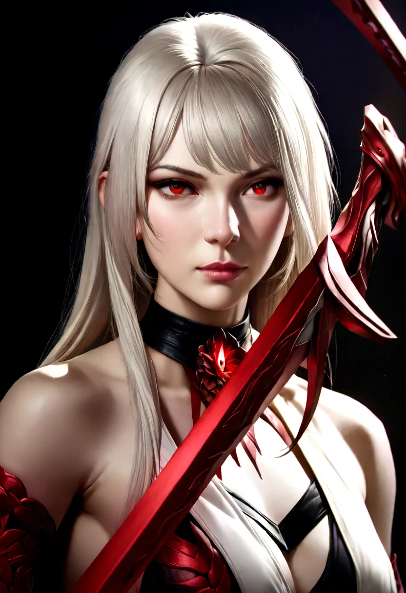 a woman with white hair with red streaks, a neutral facial expression, detailed red eyes, holding a large red sword, (best quali...