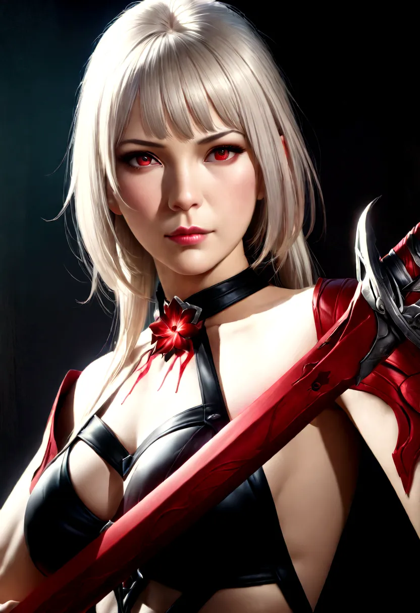 a woman with white hair with red streaks, a neutral facial expression, detailed red eyes, holding a large red sword, (best quali...