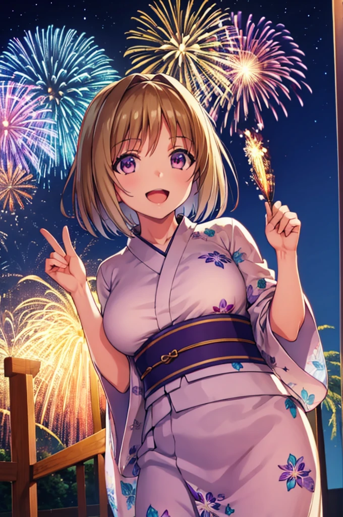 (masterpiece:1.3), (best quality:1.1), (8k, ultra detailed, ultra high res:1.2), ((anime style)), (perfect 5 fingers, perfect anatomy:1.1), 
1girl,
Kushida Kikyou, smile, open mouth, 
BREAK short hair, bronze hair, purple eyes,
BREAK large breasts, looking at viewer, (cowboy shot:1.1), BREAK detail background, outdoor, outside, (floral pattern yukata:1.2), (late night:1.1), sky, (fireworks in night sky:1.1), (night sky:1.1), big fireworks, 