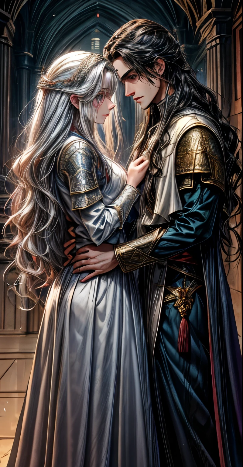 A picture ua couple together, a young man of apparent 17 years, has semi - long wavy black hair, his eyes are light blue, slightly tanned skin, his face is very similar to Jake Gyllenhaal, his clothes are those of a medieval Saracen warrior of black color, next to a young woman of apparent 18 years, her hair is long wavy grayish white, her eyes are violet, and her skin is pale, similar in face to Ana de Arma, slender with clothes of a Medieval Saracen Princess, with red clothes, both and in the background a citadel, illuminated by the lights of the same in a starry night scene