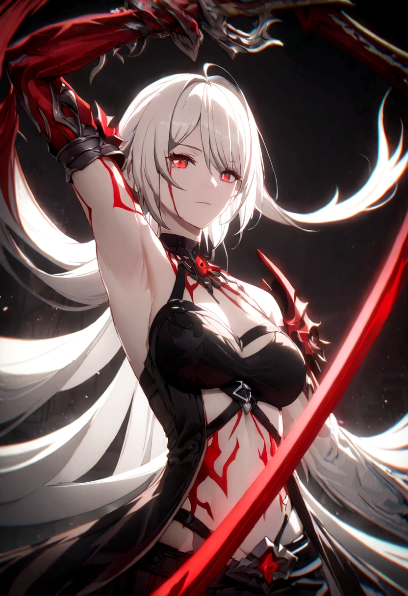 a woman with white hair with red streaks, a neutral facial expression, detailed red eyes, holding a large red sword,fantasy,dramatic lighting,intricate details,hyper detailed,cinematic,vibrant colors,dramatic pose,strong lighting,dark shadows,red and white color scheme
