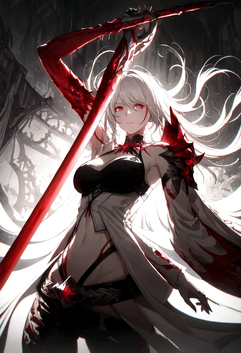 a woman with white hair with red streaks, a neutral facial expression, detailed red eyes, holding a large red sword,fantasy,dramatic lighting,intricate details,hyper detailed,cinematic,vibrant colors,dramatic pose,strong lighting,dark shadows,red and white color scheme
