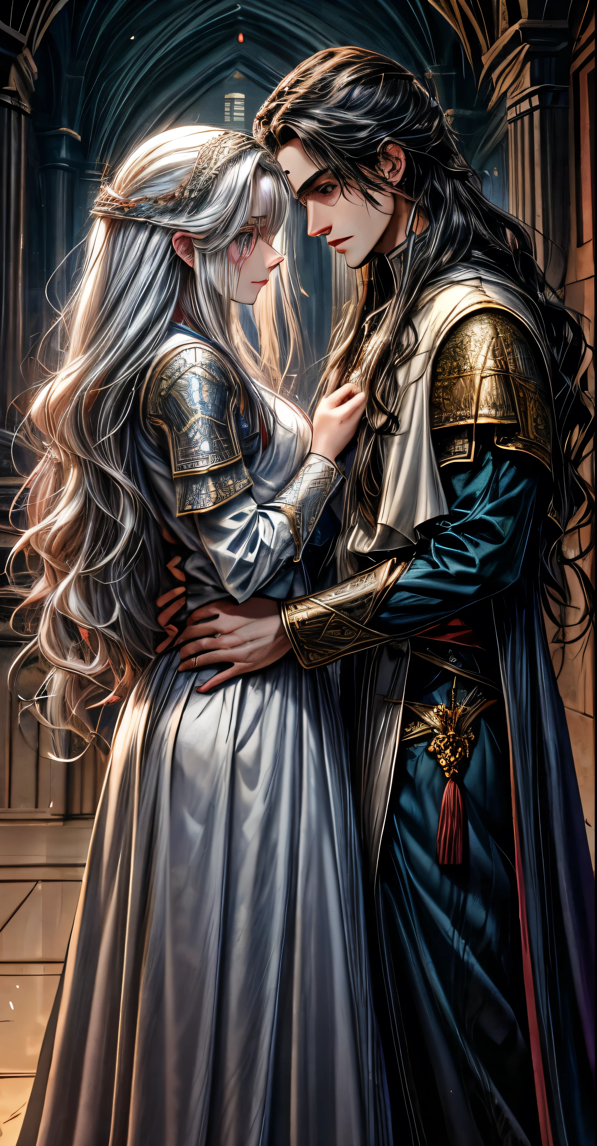 A picture ua couple together, a young man of apparent 17 years, has semi - long wavy black hair, his eyes are light blue, slightly tanned skin, his face is very similar to Jake Gyllenhaal, his clothes are those of a medieval Saracen warrior of black color, next to a young woman of apparent 18 years, her hair is long wavy grayish white, her eyes are violet, and her skin is pale, similar in face to Ana de Arma, slender with clothes of a Medieval Saracen Princess, with red clothes, both and in the background a citadel, illuminated by the lights of the same in a starry night scene