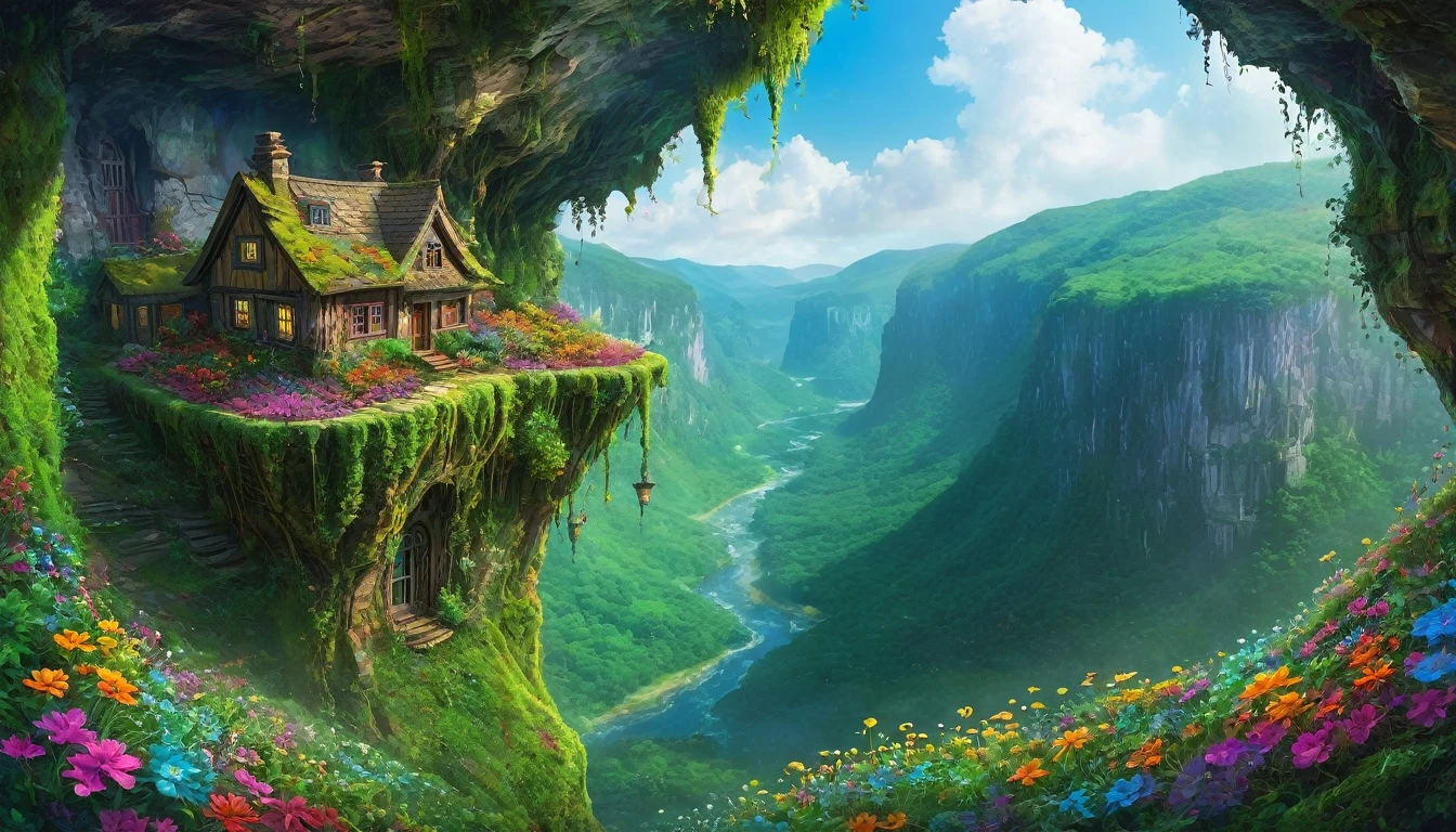 Windswept Valley、Fantasy art of a house carved into a cliff、On the cliff、Many kinds of colorful flowers and moss、Digital art with vines growing　Below me、Dense forest landscape