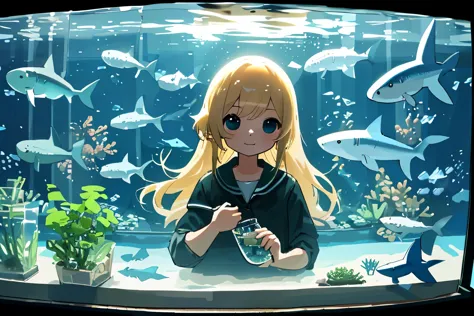 Small sharks are swimming in the fish tank, (Small sharks:1.5), Terrarium, 1 cute girl is looking at the shark happily, Small sh...