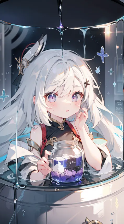 （（（（（In the tank））））））、A girl、White hair，Purple Eyes，In a jar、cute