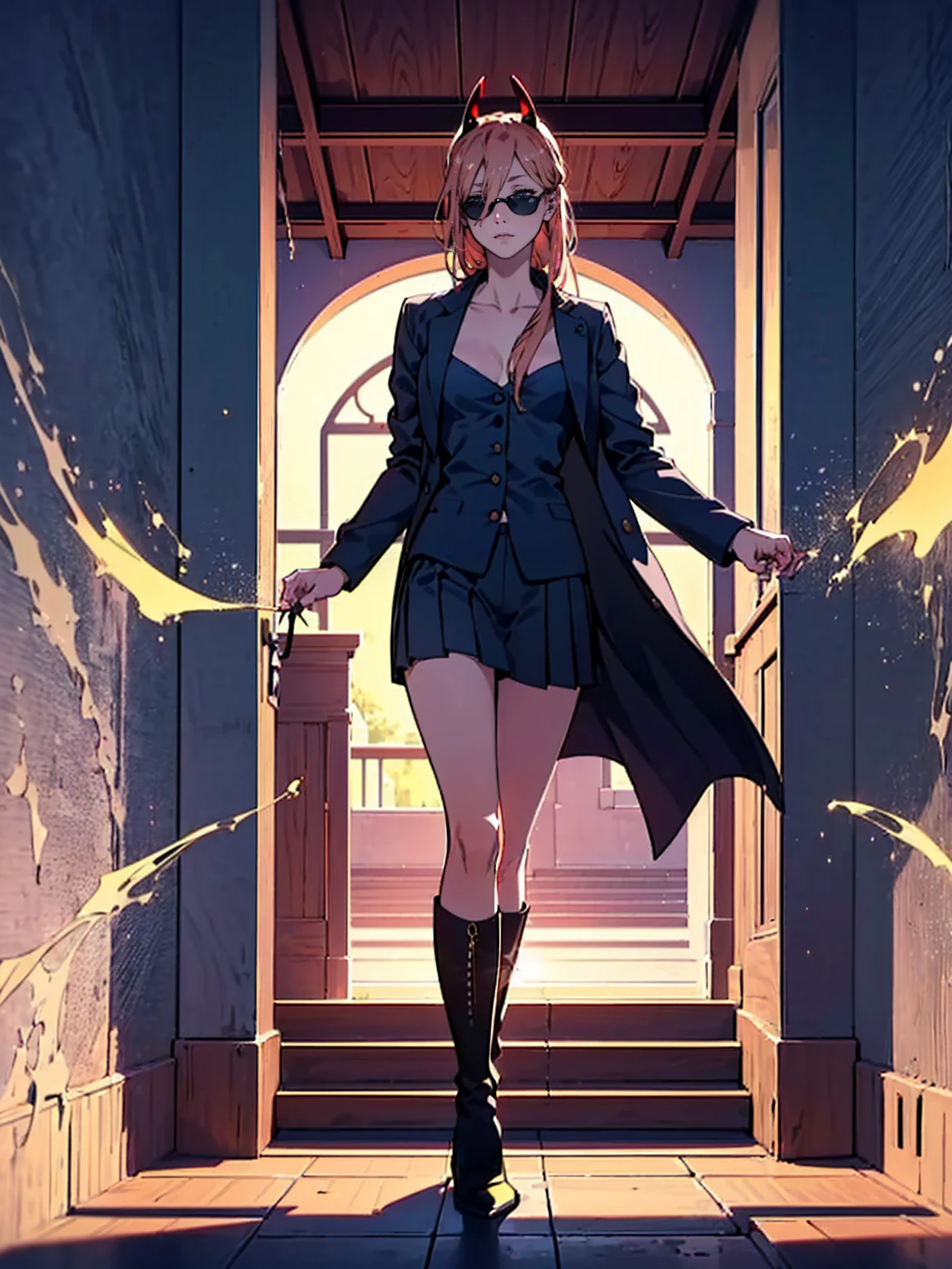 ((１woman:1.9)),((((Naked Tuxedo:1.2, clavicle, suit jacket closed，navy pleated skirt, Knee-high boots, Red Corner)))), masterpiece，Red Corner, ((Red Corner)), full body, (masterpiece, Highest quality, 8K, 1 person, A perfectly balanced body, Official Art、Highest quality、Unity 8K 壁紙、32k、masterpiece、Ultra-detailed、high resolution、Realistic、Photorealistic:1.2), (Yellow Eyes, Cruciform pupil, Pupil in the shape of a symbol), ((In a navy formal suit１woman:1.9)), Contrapposto, clavicle:1.2, Holding handcuffs, sunglasses
