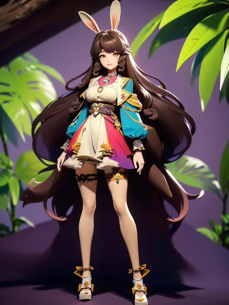 hair divided on half, Seizo Watase style, Simple Line Initialism，Abstract art, 3d character, colorful hearts ,(((The most beautiful girl of all time))),  (full body 1.2), only girl, very long hair, jungle background, 17 year old, full body, (((8k))), (((3d)), dark brown hair, mane of white rabbit ears