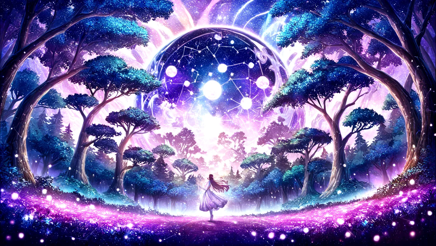 beautiful girl, A captivating cosmic view featuring a constellation shaped like a mystical forest, with intricate patterns in en...