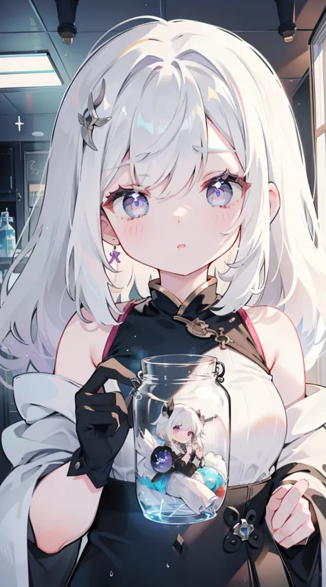 （（（（（In the tank））））））、A girl、White hair，Purple Eyes，In a jar、cute