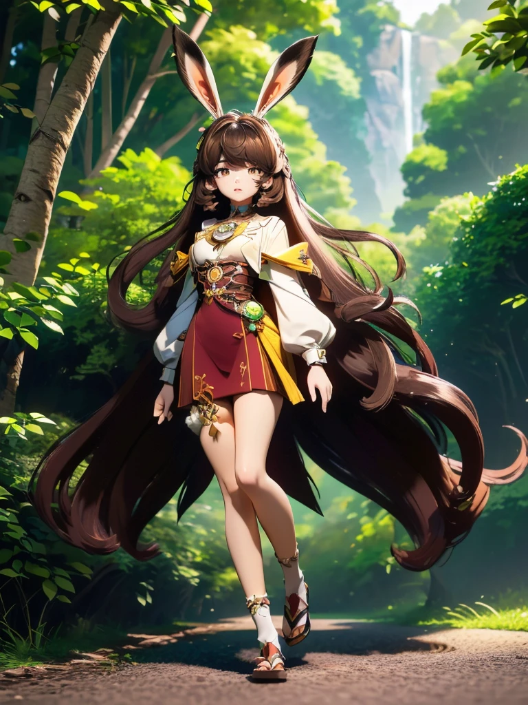 hair divided on half, Seizo Watase style, Simple Line Initialism，Abstract art, 3d character,  ,(((The most beautiful girl of all time))),  (full body 1.2), only girl, long hair, jungle background, 17 year old, full body, (((8k))), (((3d)), dark brown hair, mane of white rabbit ears