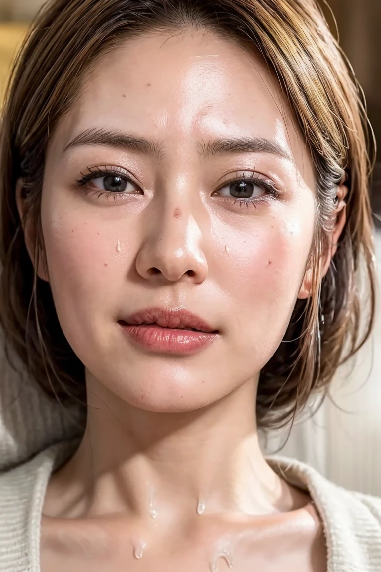 (Realistic:1.3、ultra HD、Ultra-high resolution、8k、Japanese Housewife、寝室でblowjobチオをするMature Woman:1.5、At the bed)、((Look Viewer:1.8))、(Extremely realistic skin texture:1.4)、(Realistic:1.3)、short hair、((Embarrassed expression:1.5))、(bionde:1.5)、48-year-old woman、Mature Woman、Ponytail Hairstyles、(Brown eyes:1.3)、(Face close-up:1.38)、(Sweaty:1.2)、(Showing Nipples)、((Nipples protruding from clothing,))、dress、Beautiful nipples、Nipples、(Shooting from the side:1.1)、Drooling、((facial:1.4、blowjob、facial ejaculation:1.4、Bukkake))、Browsing Caution:1.4、