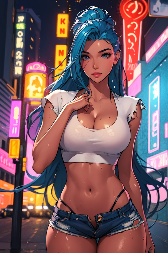 (best quality: 1.2), clean face, (masterpiece: 1.2, 8k)(PureErosFace_V1: 0.7), perfect anatomy, 1girl,a beautiful fashion model ,(masterpiece, official art, best quality) (wet skin, shiny skin) ,long and shiny hair, blue hair with streaks in hair, long hair, full lips, upturned nose , big breasts, looking at viewer, revealing outfit, absurdity, intricate details, city, dynamic pose, night, neon signs, cinematic lighting, (highly detailed skin: 1.2), wearing
 short shorts and a tight white top, cleavage, torn clothes