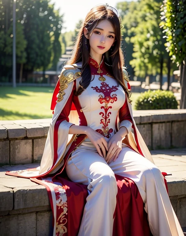 princesse, Guerrière, Cheveux courts, Blindé complet, Armure de bikini sexy rouge et blanche, fille aux longues jambes, Mettez des bottes en or rouge et blanc, ,xianxia complet du corps, Des seins énormes，Il a l&#39;air timide, visage triste, fantaisie clothing, Mettez une cape, cape en dentelle，Wearing fantaisie clothing, Vrai 8000g，impeccable，chef-d&#39;œuvre，Oeuvre professionnelle，chef-d&#39;œuvre，Lumière，floraison，visage parfait，joli visage，fantaisie，Fantastique et magique，pas vrai，détails complexes，beau motif