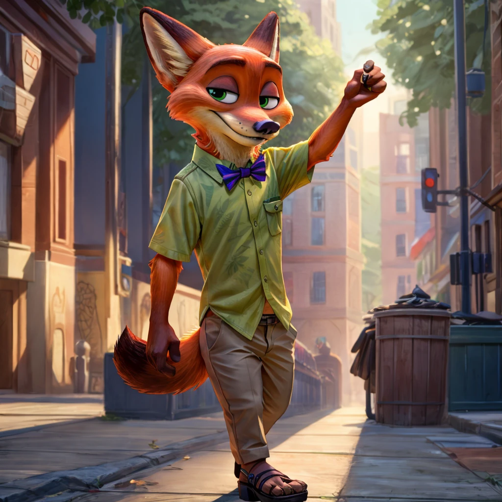 Nick Wilde melted gawaiku,black jacket, green shirt with bow tie, and khaki pants, brown heeled sandals, digital art, ((perfect face)), ((Best quality)), ((masterpiece))