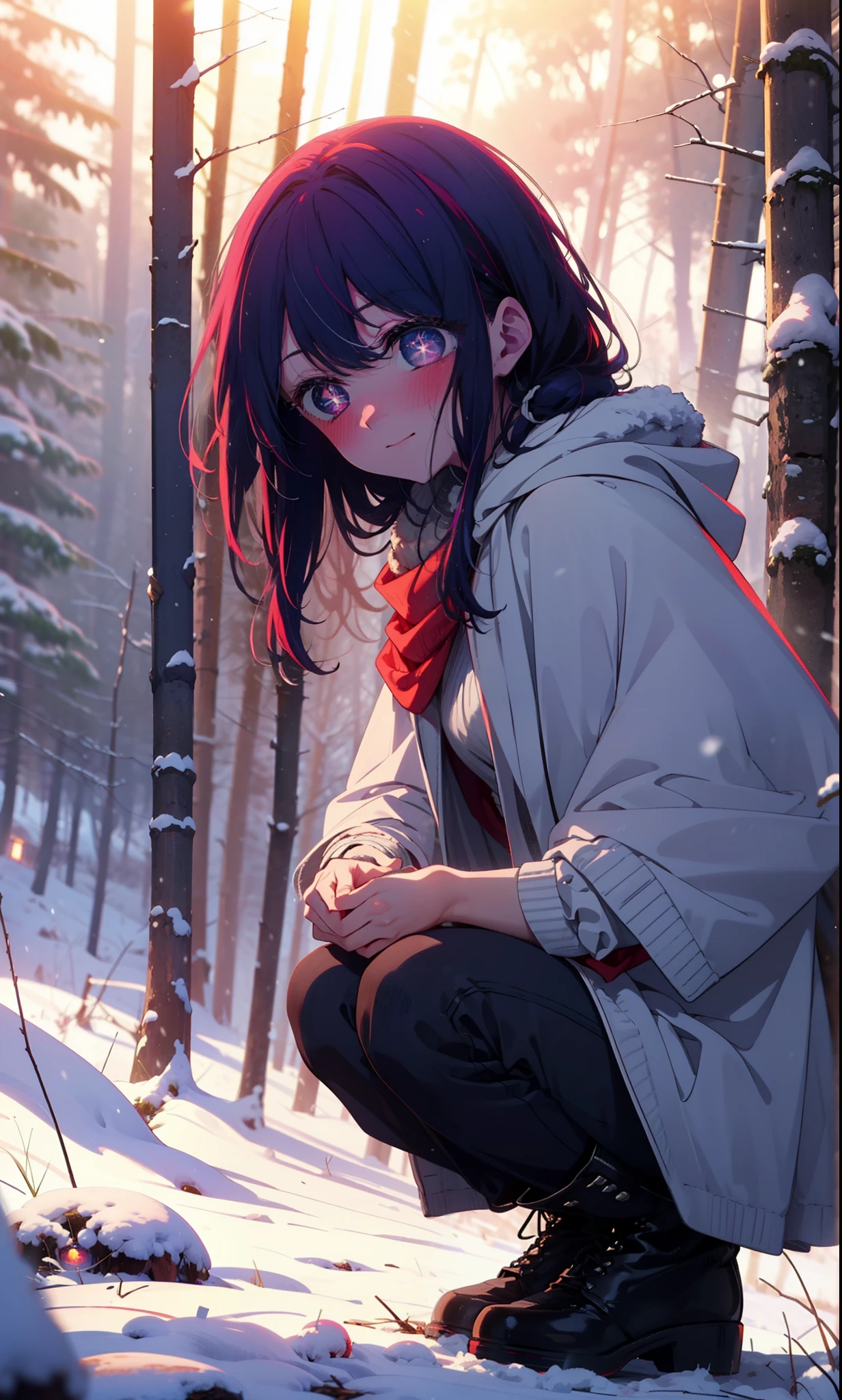 aihoshino, Ai Hoshino, Long Hair, bangs, (Purple eyes:1.1), Purple Hair, (Symbol-shaped pupil:1.5), smile,,smile,blush,White Breath,
Open your mouth,snow,Ground bonfire, Outdoor, boots, snowing, From the side, wood, suitcase, Cape, Blurred, , forest, White handbag, nature,  Squat, Mouth closed, Cape, winter, Written boundary depth, Black shoes, red Cape break looking at viewer, Upper Body, whole body, break Outdoor, forest, nature, break (masterpiece:1.2), Highest quality, High resolution, unity 8k wallpaper, (shape:0.8), (Beautiful and beautiful eyes:1.6), Highly detailed face, Perfect lighting, Extremely detailed CG, (Perfect hands, Perfect Anatomy),