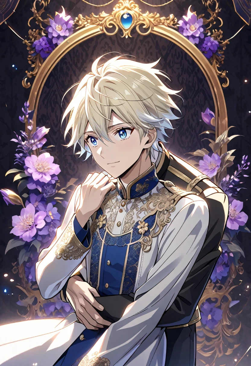 Anime Style, Two handsome young men, Blonde with bangs, Short white hair, blue eyes, Uniform-like outfit with lace details, Purple Flower, Floral background, Hug from behind, One person looked surprised., The other person smiled., Background with light effects, Delicate expression, Decorative clothing