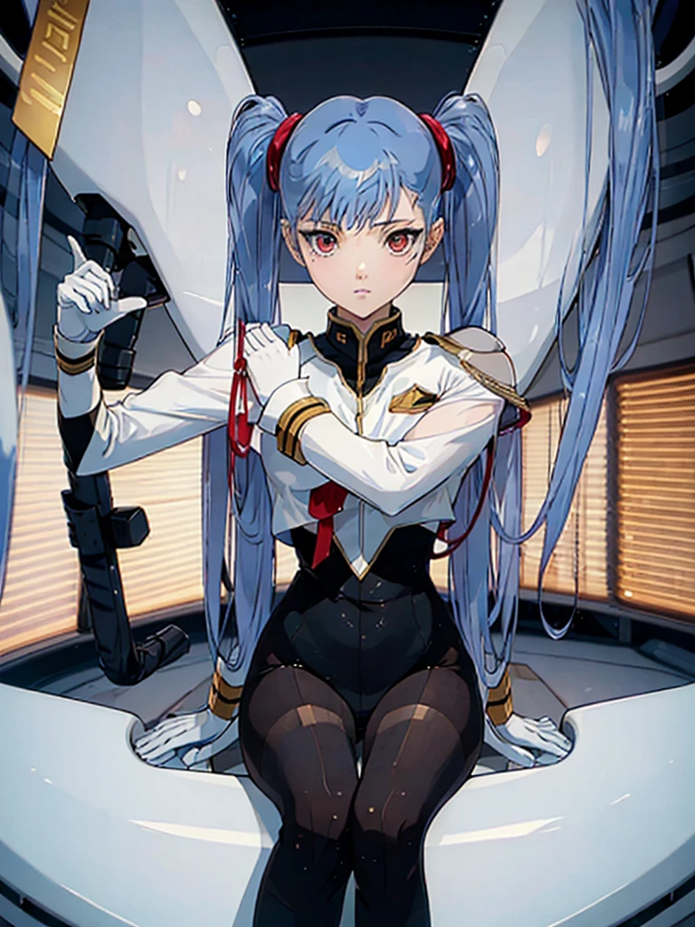 18-year-old girl, Exposed skin,Split underwear.Blanche.Nipples, black tights , Red eyes,Long twin tails, Light blue hair, Beautiful Face, Spaceship, Dynamic pose, commander,  Perfect Anatomy,pants,Low angle,Sitting pose ,M-shaped leg pose, Emphasis on the groin.