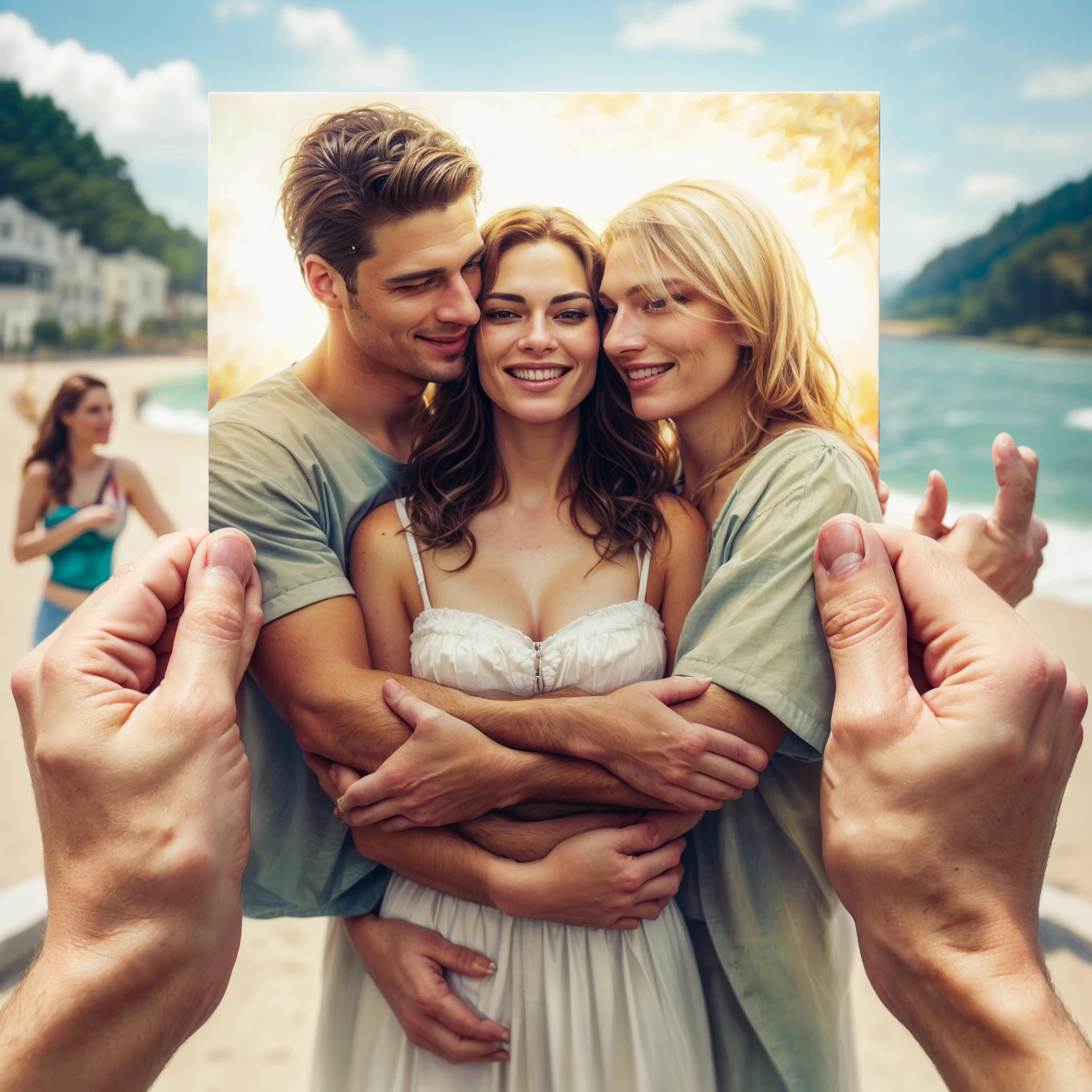 there is a man and woman holding a picture of a man and woman, realistic painting style, super realistic painting style, realistic pictures, beautiful realistic photo, photorealistic art style, realistic artwork, super realistic photo, realistic portrait photo, realistic art, photorealistic photo, photo realistic portrait, photo realistic style, high quality portrait, realistic photo, photo hyper realistic