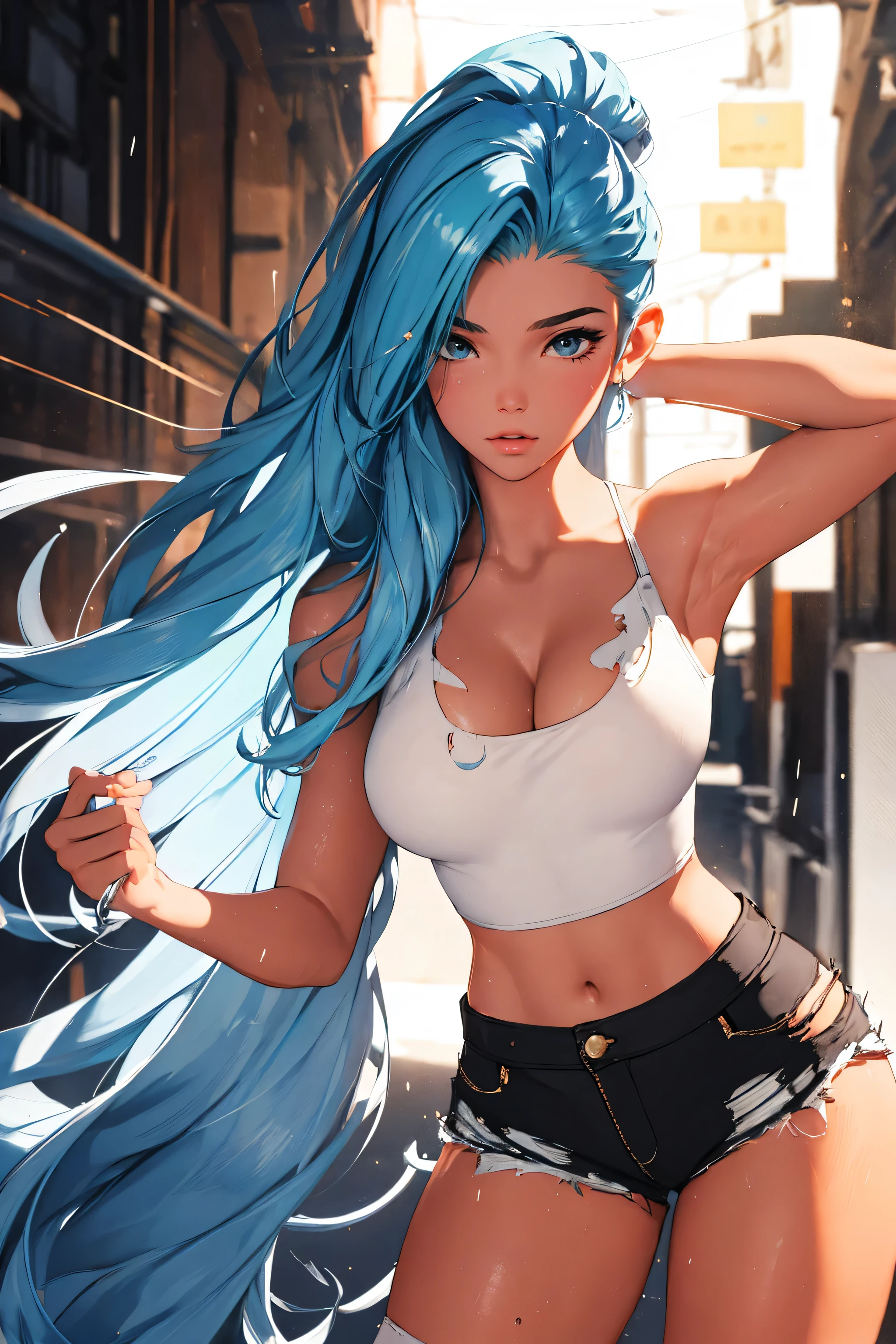 (best quality: 1.2), clean face, (masterpiece: 1.2, 8k)(PureErosFace_V1: 0.7), perfect anatomy, 1girl,a beautiful fashion model ,(masterpiece, official art, best quality) (wet skin, shiny skin) ,long and shiny hair, blue hair with streaks in hair, long hair, full lips, upturned nose , big breasts, looking at viewer, revealing outfit, absurdity, intricate details, dynamic pose, club, cinematic lighting, (highly detailed skin: 1.2), wearing
 short shorts and a tight white top, cleavage, torn clothes, thong straps