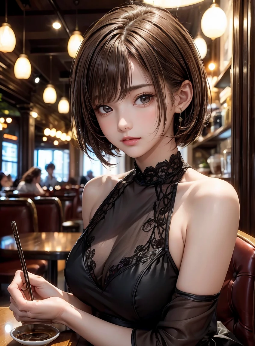 (masterpiece, Very detailed, Very detailed, Beautifully, 16K, Disorganized), Miss, 19 years old, Glamorous, (breeze:1.4), Looking at the audience, short hair, Messy hair, side fringe, Brown hair, Brown eyes, Upper Body, light, Blurred focus background, In a trendy cafe, City Cafe 