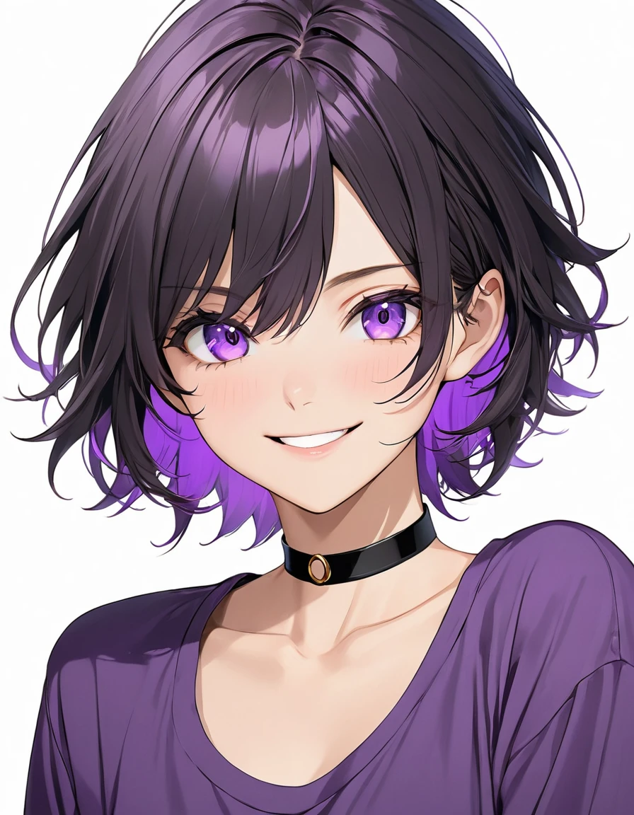 High-resolution anime digital art, Masterpiece, upper body, tomboy, mature, sexy, smart, short hair color pitch black, real detail eyes pupil purple, long purple plain shirt, black chokers, Happy face (simple background, white background)