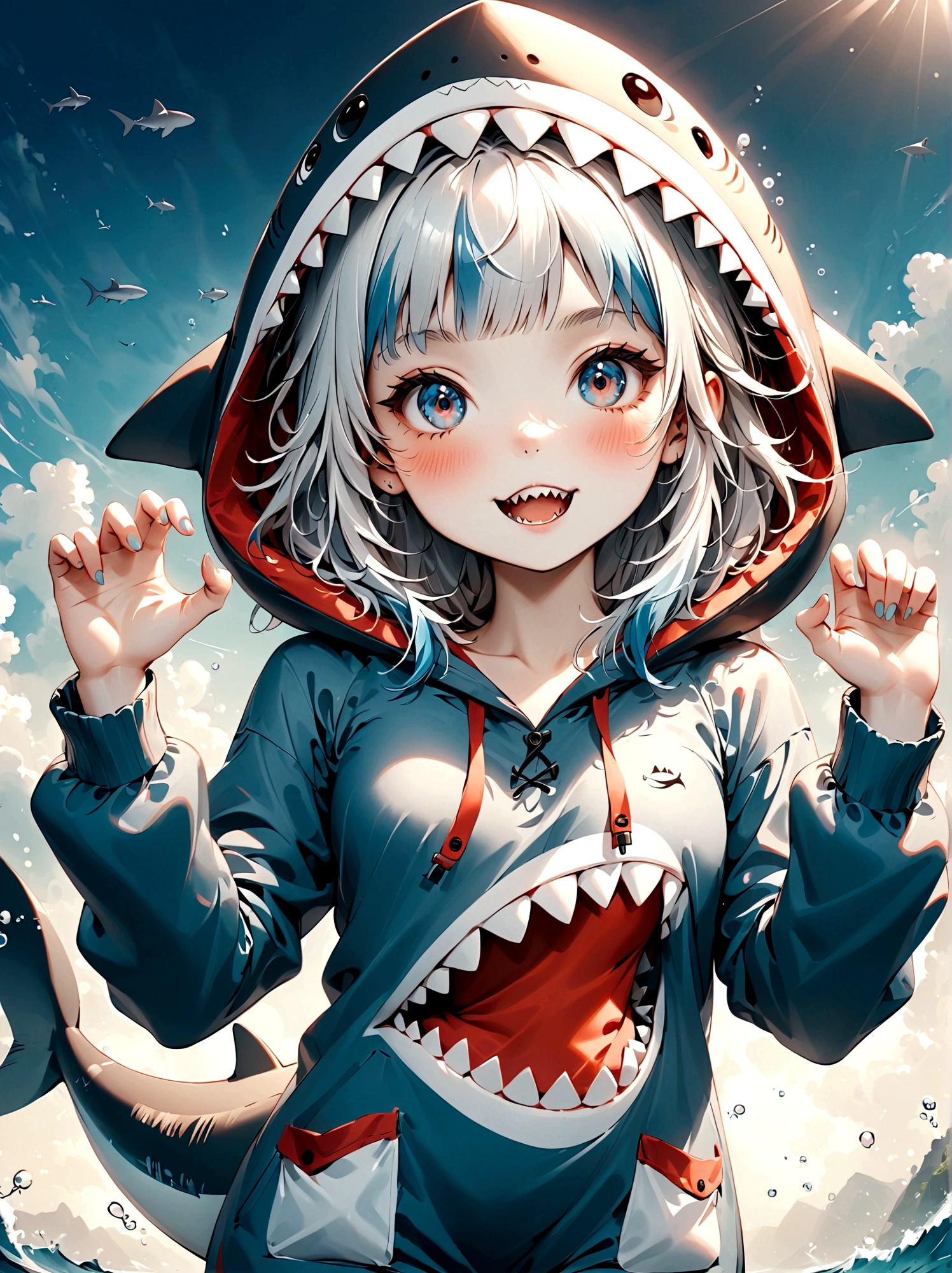 ultra-detailed, absurdres, colorful, gawr gura, detailed eyes, wide-eyed, eyelashes, looking at viewer, (blue background:0.9), (standing:0.7), 1girl, wearing cute shark pajamasl, blue hoodie, shark tail, sharp teeth, claw pose, hood up, (Smiley Face:1.0), pockets, hands up, clenched teeth, cowboy shot, masterpiece, best quality, UHD, accurate, anatomically correct, 8k, highres