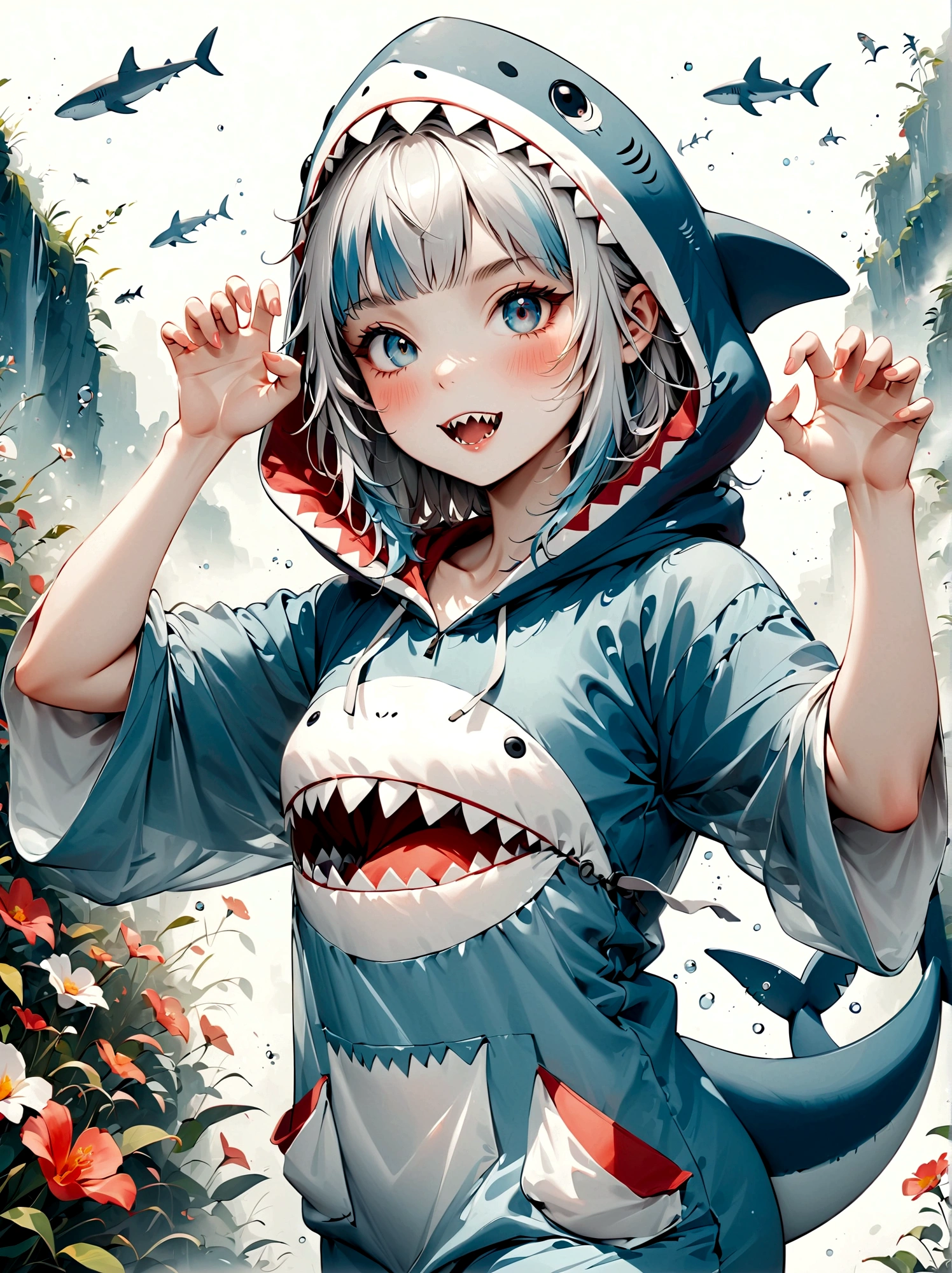ultra-detailed, absurdres, colorful, gawr gura, detailed eyes, wide-eyed, eyelashes, looking at viewer, (blue background:0.9), (standing:0.7), 1girl, wearing cute shark pajamasl, blue hoodie, shark tail, sharp teeth, claw pose, hood up, (Smiley Face:1.0), pockets, hands up, clenched teeth, cowboy shot, masterpiece, best quality, UHD, accurate, anatomically correct, 8k, highres