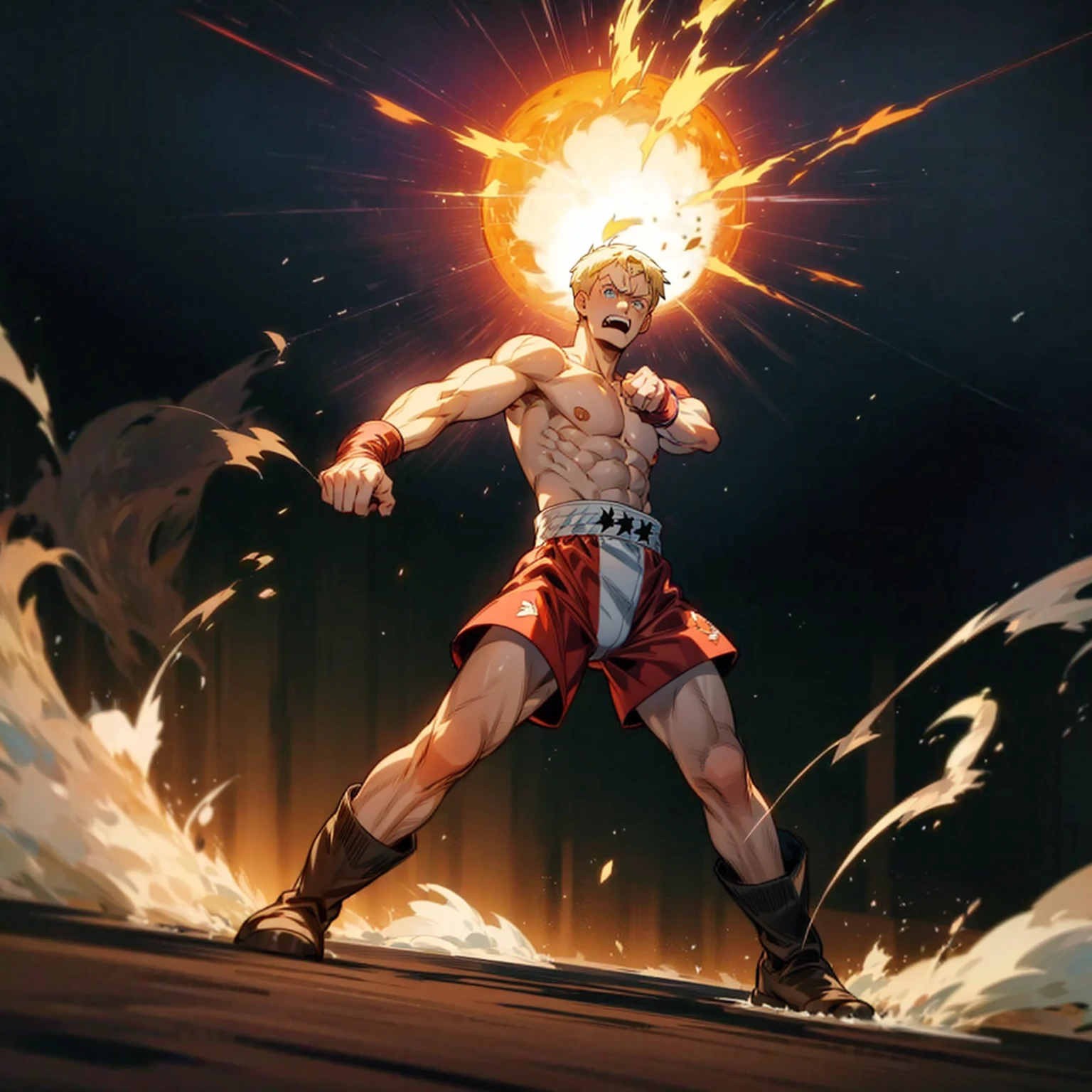 1boy, Full body version, 1character, blue eyes color, tan skin, short hairstyle, blonde colour hair, muscle, Boxing outfit clothing, boots, naked, Topless, Grassroots background in ring boxing, motion blur, (one piece style art), shadow, no weapon, boxing gloves, Plasma effect, smoke effect, fire effect, lighting eyes, angry, angry eyes, angry mouth, wind effect, fire effect, smoke, Shouting gesture, fire in hand