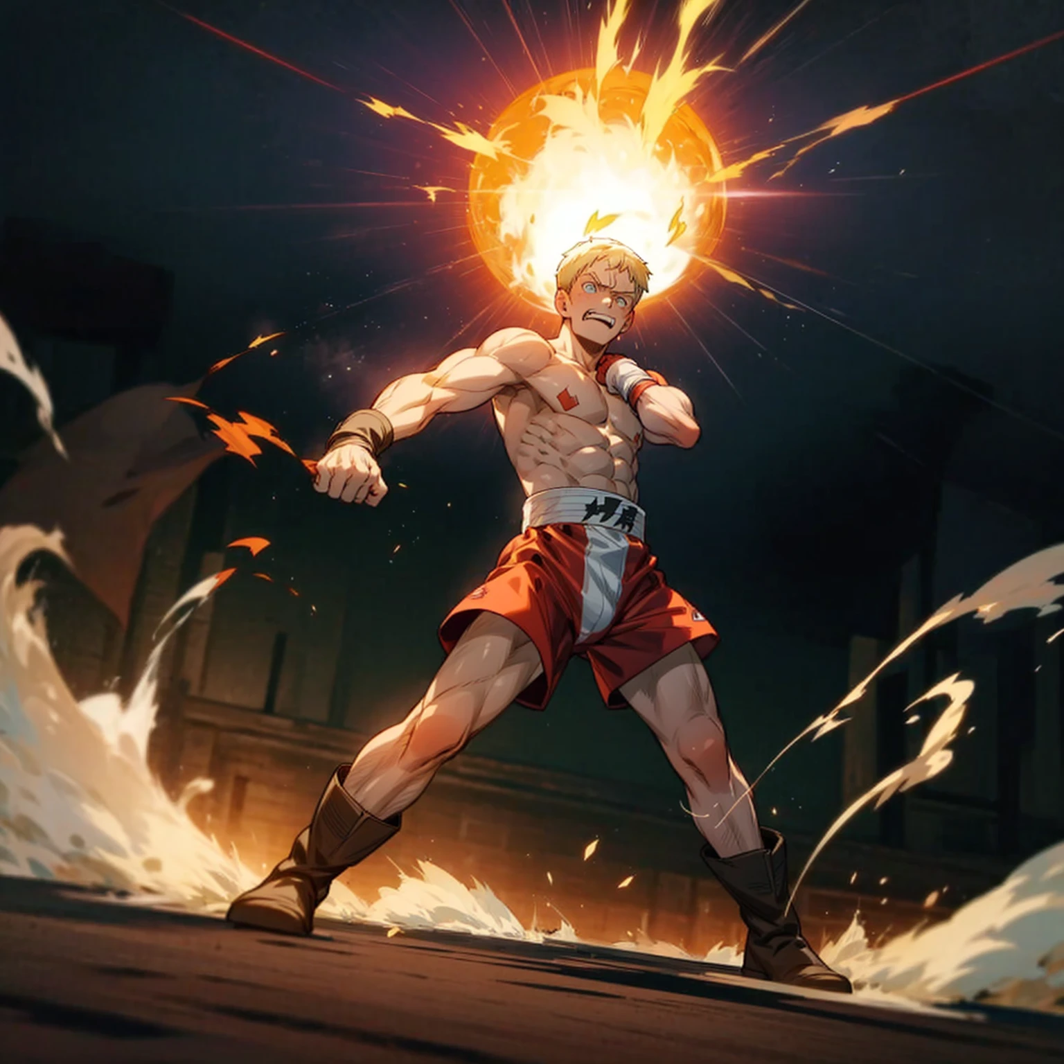 1boy, Full body version, 1character, blue eyes color, tan skin, short hairstyle, blonde colour hair, muscle, Boxing outfit clothing, boots, naked, Topless, Grassroots background in ring boxing, motion blur, (one piece style art), shadow, no weapon, boxing gloves, Plasma effect, smoke effect, fire effect, lighting eyes, angry, angry eyes, angry mouth, wind effect, fire effect, smoke, Shouting gesture, fire in hand