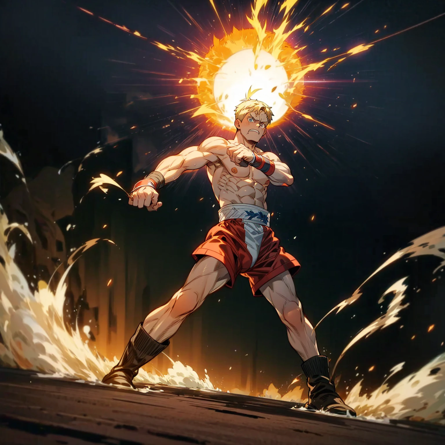 1boy, Full body version, 1character, blue eyes color, tan skin, short hairstyle, blonde colour hair, muscle, Boxing outfit clothing, boots, naked, Topless, Grassroots background in ring boxing, motion blur, (one piece style art), shadow, no weapon, boxing gloves, Plasma effect, smoke effect, fire effect, lighting eyes, angry, angry eyes, angry mouth, wind effect, fire effect, smoke, Shouting gesture, fire in hand