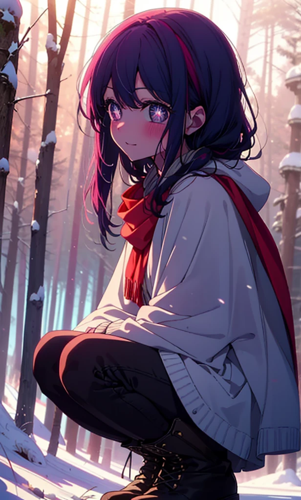 aihoshino, Ai Hoshino, Long Hair, bangs, (Purple eyes:1.1), Purple Hair, (Symbol-shaped pupil:1.5), smile,,smile,blush,White Breath,
Open your mouth,snow,Ground bonfire, Outdoor, boots, snowing, From the side, wood, suitcase, Cape, Blurred, , forest, White handbag, nature,  Squat, Mouth closed, Cape, winter, Written boundary depth, Black shoes, red Cape break looking at viewer, Upper Body, whole body, break Outdoor, forest, nature, break (masterpiece:1.2), Highest quality, High resolution, unity 8k wallpaper, (shape:0.8), (Beautiful and beautiful eyes:1.6), Highly detailed face, Perfect lighting, Extremely detailed CG, (Perfect hands, Perfect Anatomy),