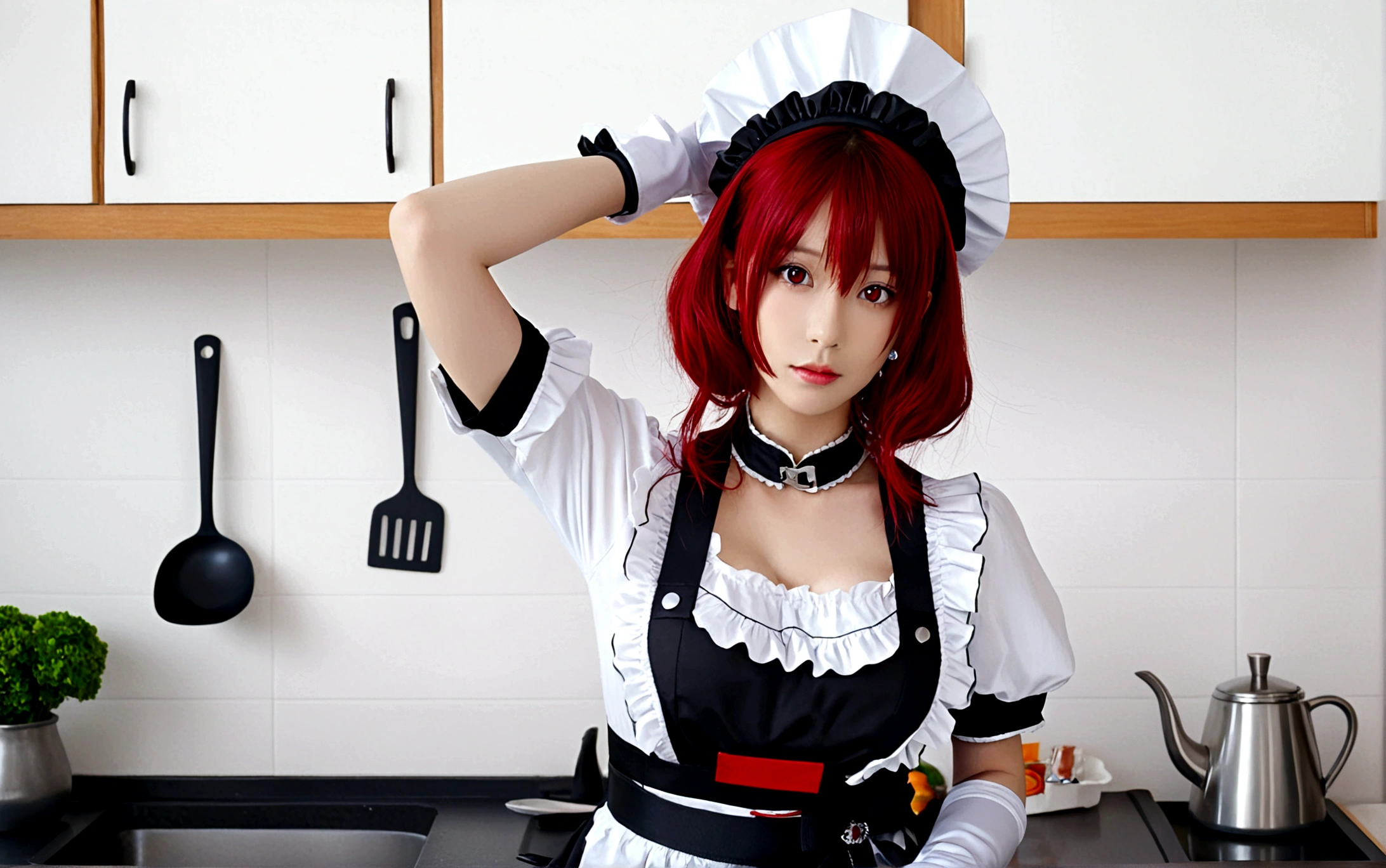 1girl, solo, breasts, looking at viewer, short hair, bangs, large breasts, simple background, black hair, hair ornament, red eyes, gloves, hat, white background, dress, closed mouth, tail, short sleeves, red hair, multicolored hair, hairclip, puffy sleeves, belt, white gloves, apron, black dress, arm up, two-tone hair, puffy short sleeves, maid, monster girl, white apron, buckle, maid apron, colored inner hair, tail ornament, shark tail