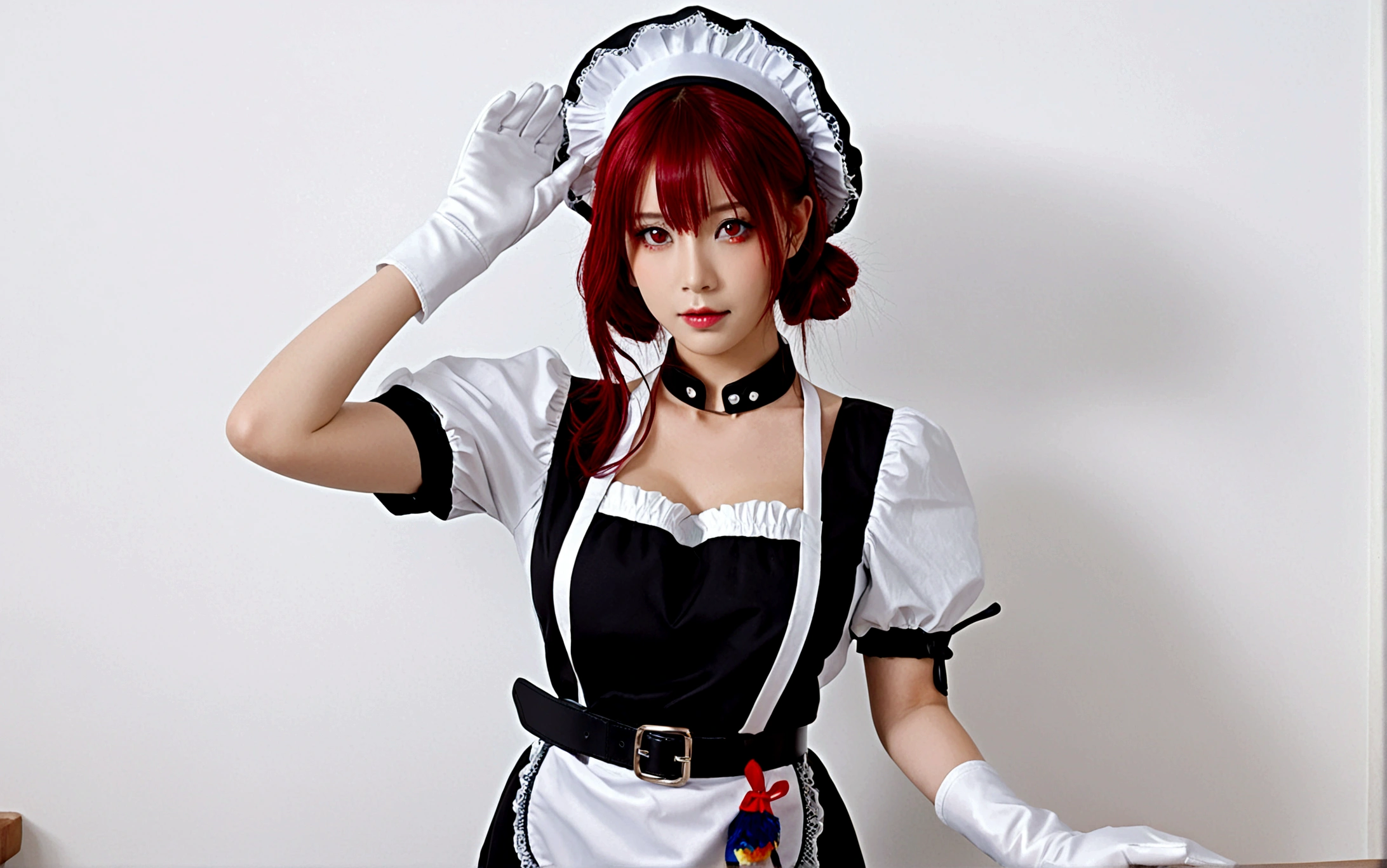 1girl, solo, breasts, looking at viewer, short hair, bangs, large breasts, simple background, black hair, hair ornament, red eyes, gloves, hat, white background, dress, closed mouth, tail, short sleeves, red hair, multicolored hair, hairclip, puffy sleeves, belt, white gloves, apron, black dress, arm up, two-tone hair, puffy short sleeves, maid, monster girl, white apron, buckle, maid apron, colored inner hair, tail ornament, shark tail