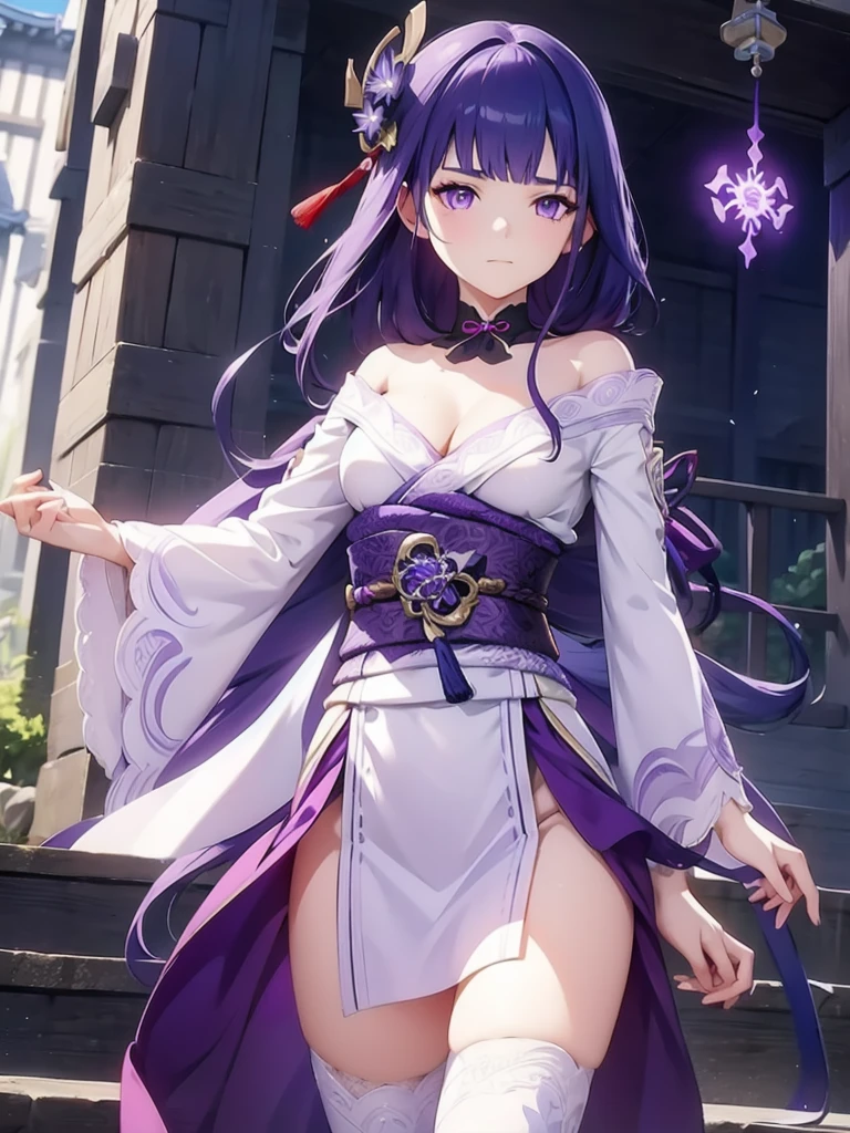  1girl, solo, long hair, looking at viewer, hair ornament, thighhighs, long sleeves, ribbon, holding, cleavage, closed mouth, purple eyes, weapon, purple hair, braid, flower, japanese clothes, sword, wide sleeves, kimono, holding weapon, armor, mole, blurry, sash, mole under eye, holding sword, obi, shoulder armor, tassel, bridal gauntlets, stairs, purple flower, vision (genshin impact), obijime, tomoe (symbol), obiage, mitsudomoe (shape)